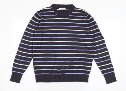 Berkertex Womens Blue Round Neck Striped Acrylic Pullover Jumper Size 10