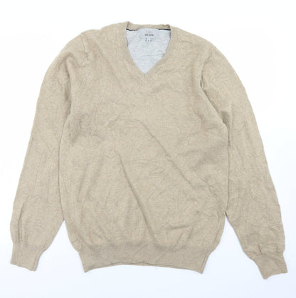 Marks & Spencer Mens Beige V-Neck  Cotton Pullover Jumper Size S