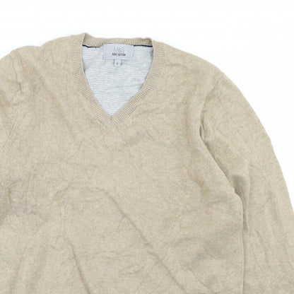 Marks & Spencer Mens Beige V-Neck  Cotton Pullover Jumper Size S