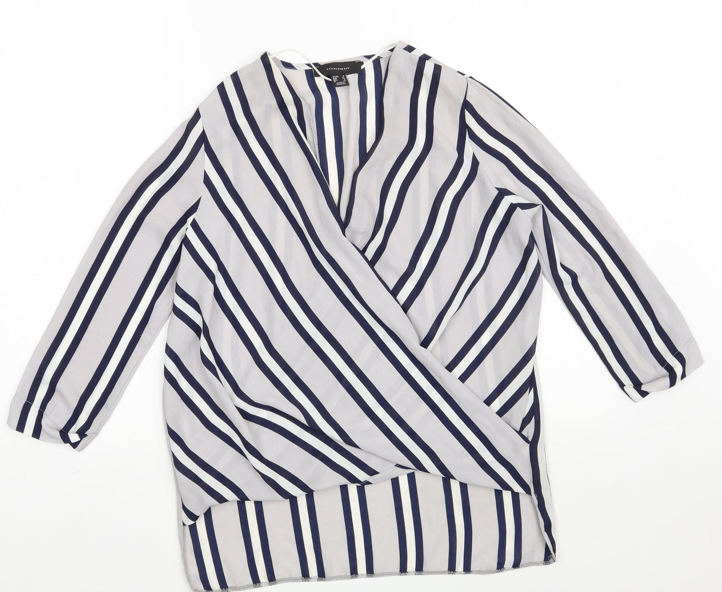 Atmosphere Womens Grey Striped Polyester Basic Blouse Size 8 V-Neck