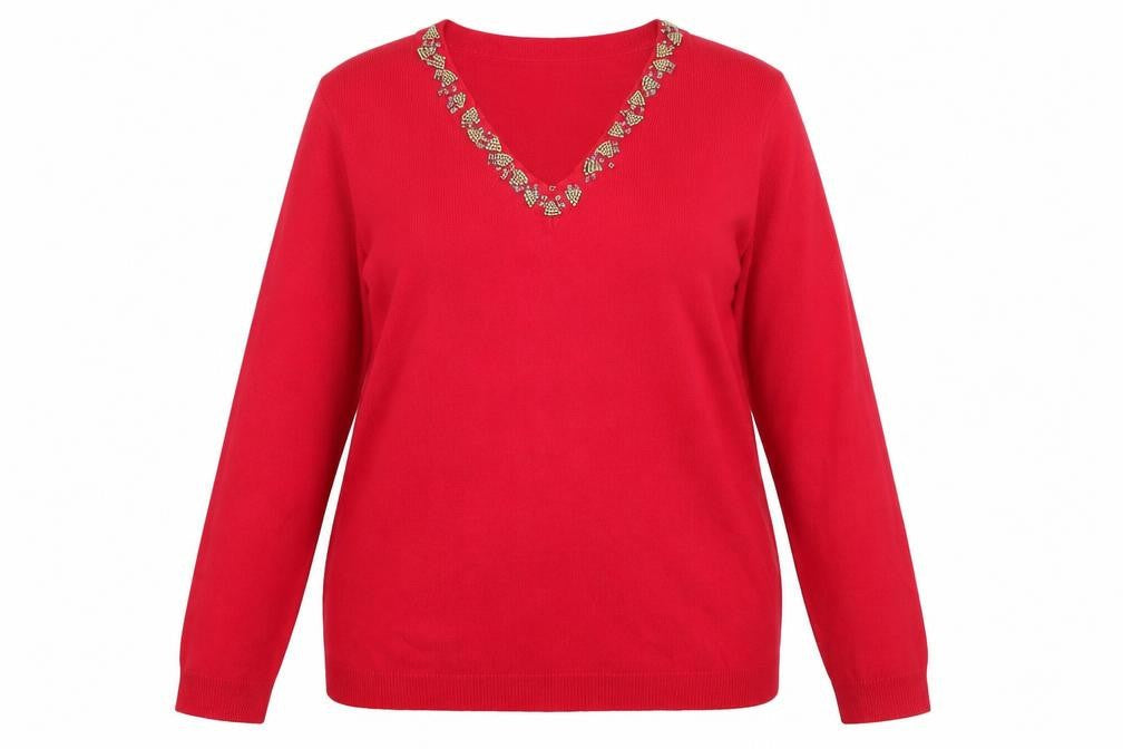 Classics Womens Red V-Neck  Acrylic Pullover Jumper Size 20