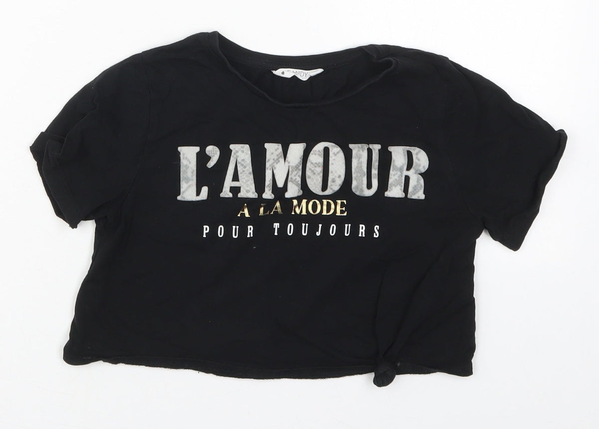 Candy Couture Girls Black  Cotton Cropped T-Shirt Size 10 Years Crew Neck Pullover - L'Amour