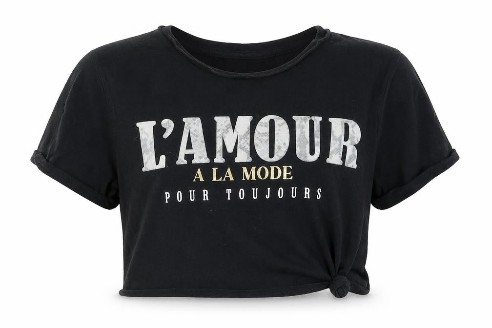 Candy Couture Girls Black  Cotton Cropped T-Shirt Size 10 Years Crew Neck Pullover - L'Amour