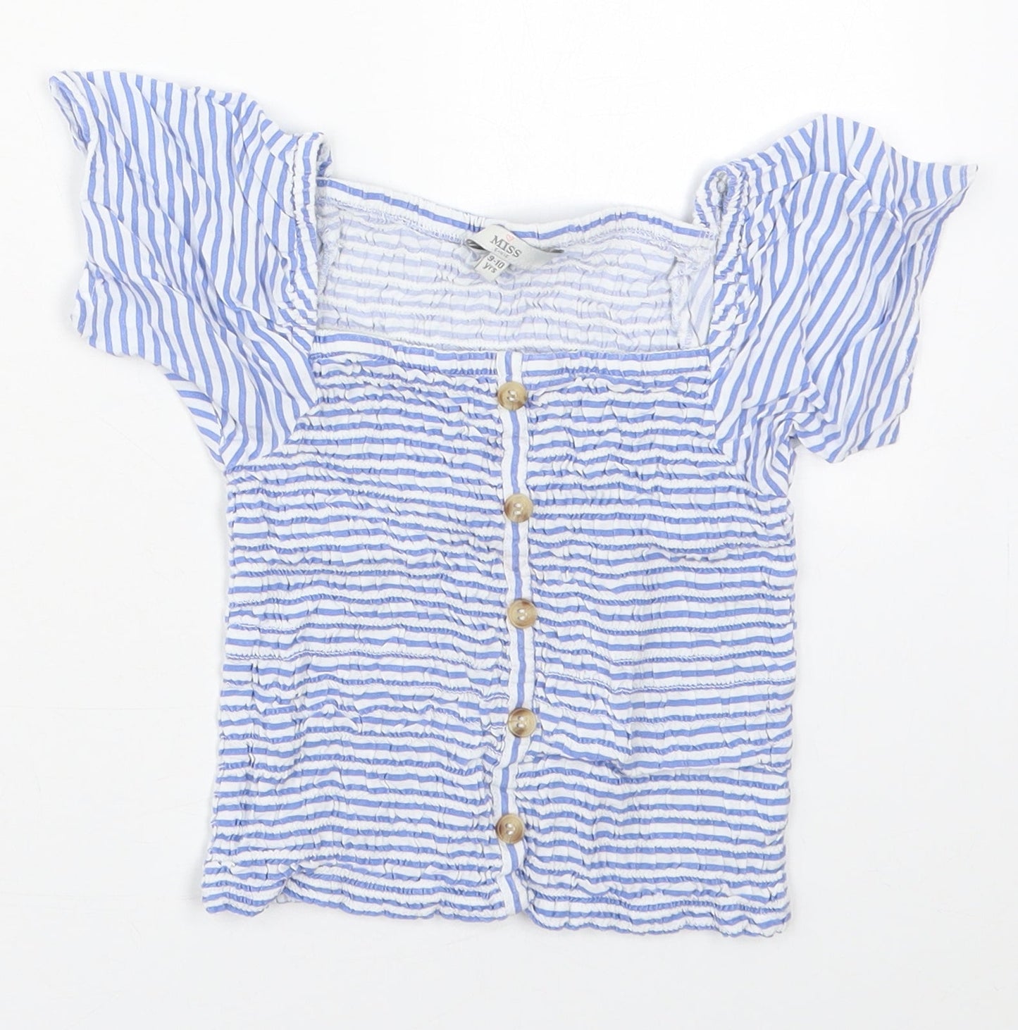 Evie Girls Blue Striped Viscose Basic Blouse Size 9-10 Years Square Neck Pullover