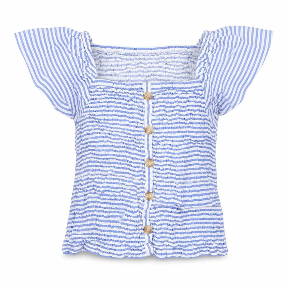 Evie Girls Blue Striped Viscose Basic Blouse Size 9-10 Years Square Neck Pullover