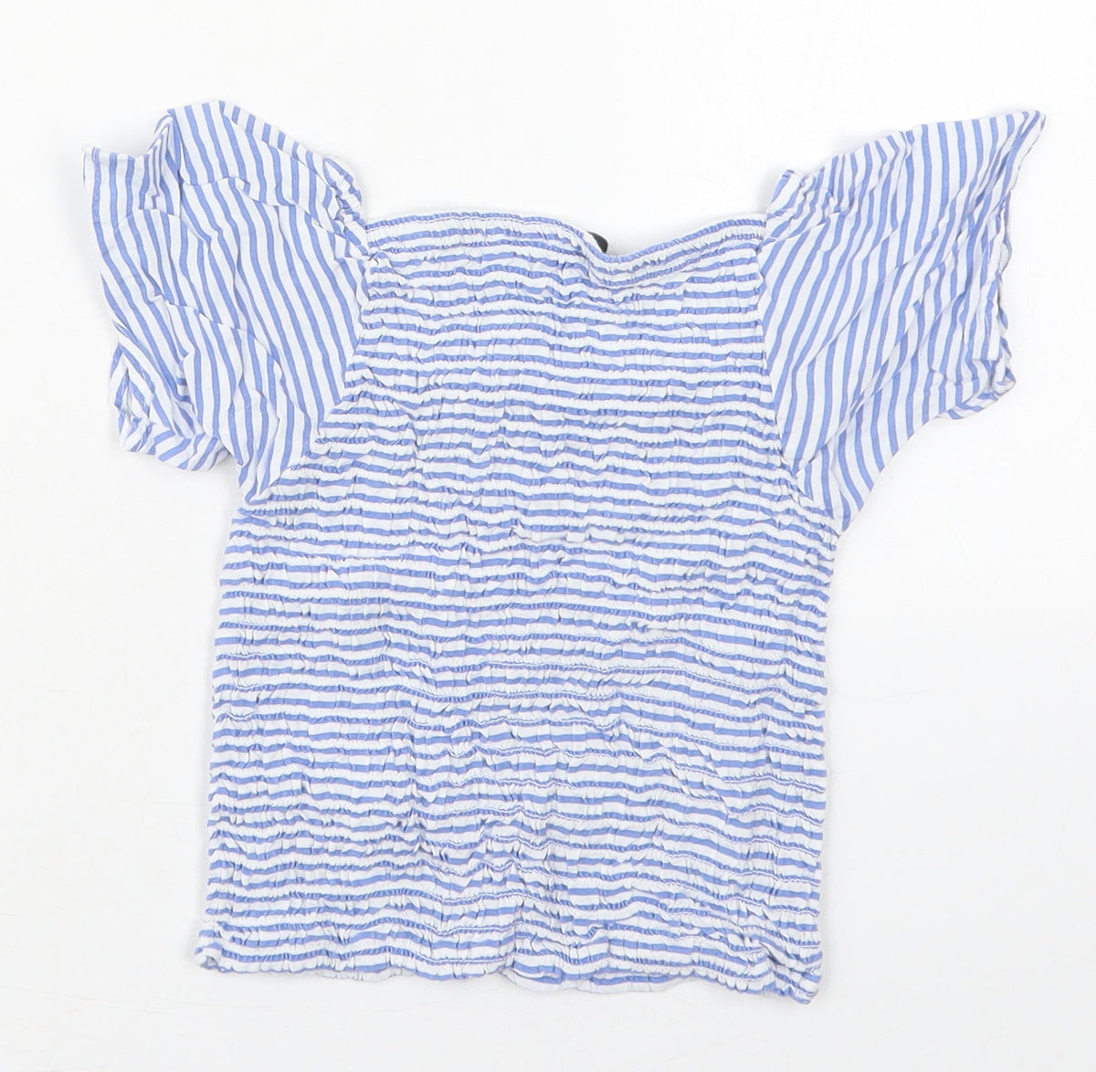 Evie Girls Blue Striped Viscose Basic Blouse Size 9-10 Years Square Neck Pullover