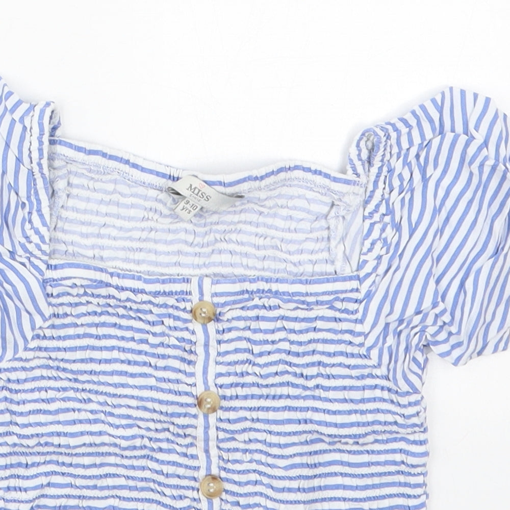 Evie Girls Blue Striped Viscose Basic Blouse Size 9-10 Years Square Neck Pullover