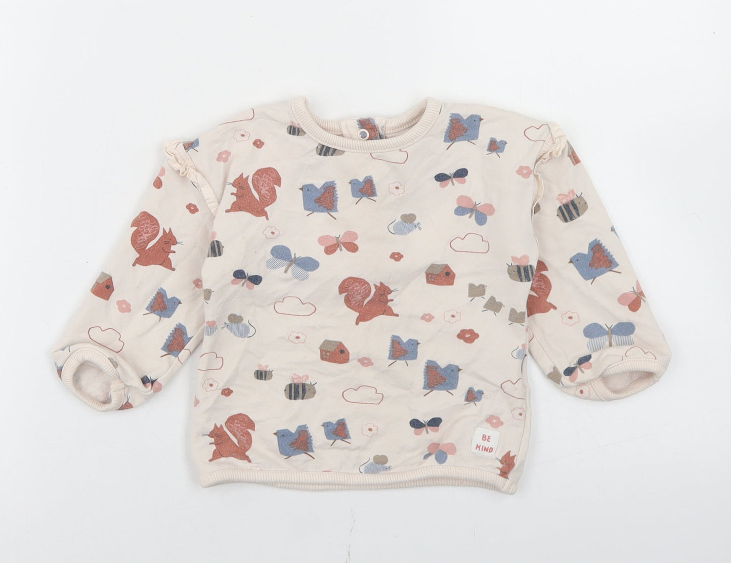 Marks and Spencer Girls Beige Geometric Cotton Basic T-Shirt Size 12-18 Months Crew Neck Snap - Woodland Creatures