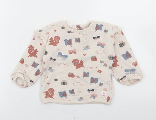Marks and Spencer Girls Beige Geometric Cotton Basic T-Shirt Size 12-18 Months Crew Neck Snap - Woodland Creatures