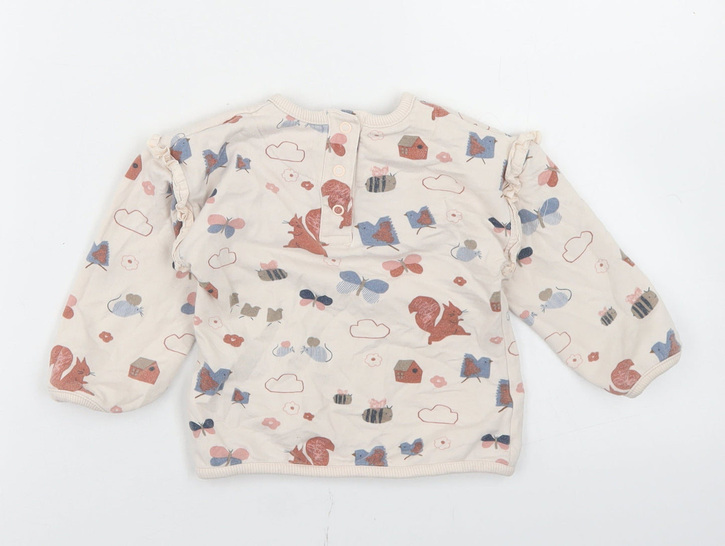 Marks and Spencer Girls Beige Geometric Cotton Basic T-Shirt Size 12-18 Months Crew Neck Snap - Woodland Creatures