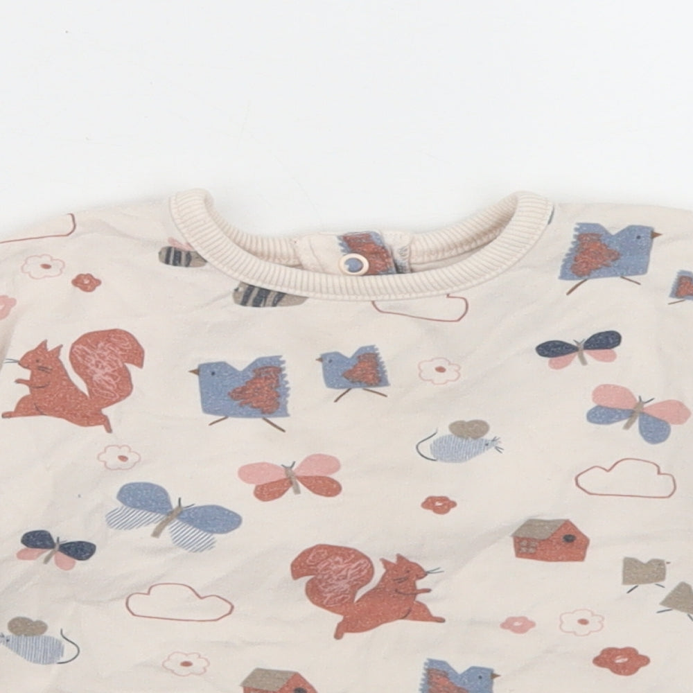 Marks and Spencer Girls Beige Geometric Cotton Basic T-Shirt Size 12-18 Months Crew Neck Snap - Woodland Creatures