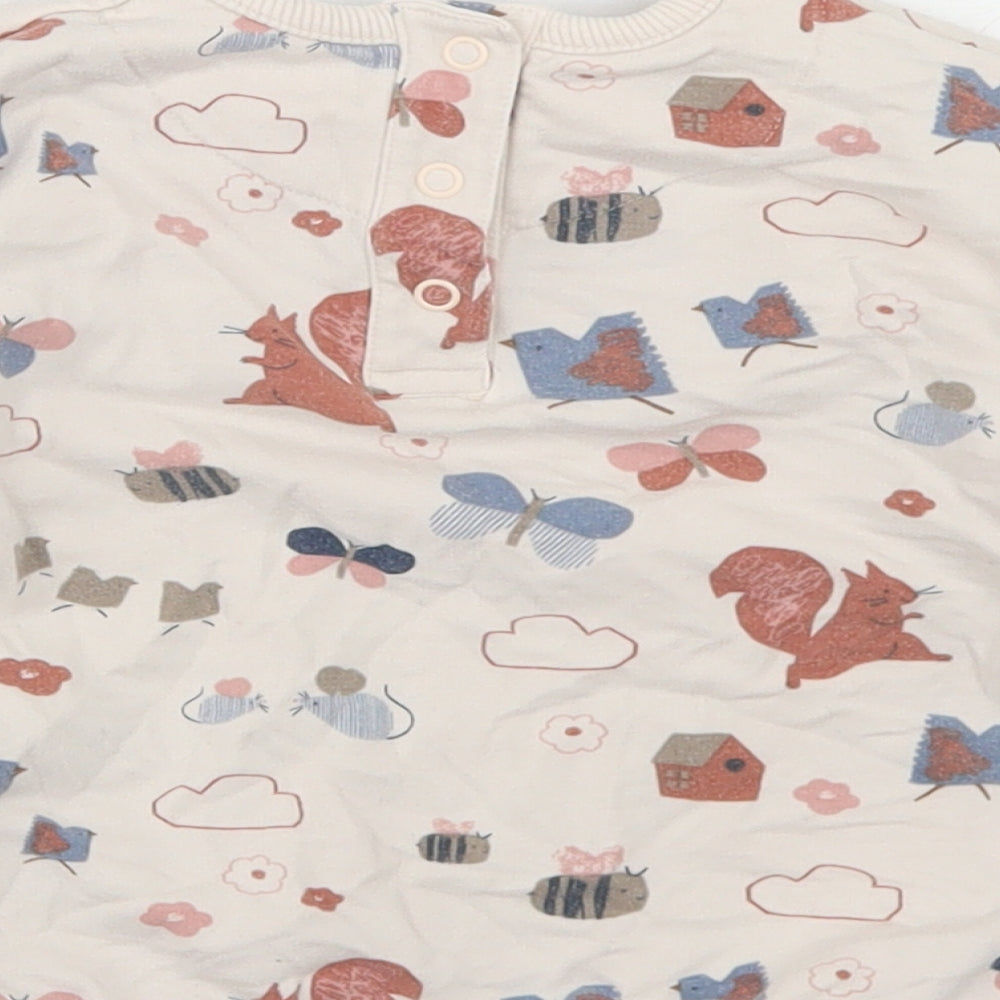 Marks and Spencer Girls Beige Geometric Cotton Basic T-Shirt Size 12-18 Months Crew Neck Snap - Woodland Creatures