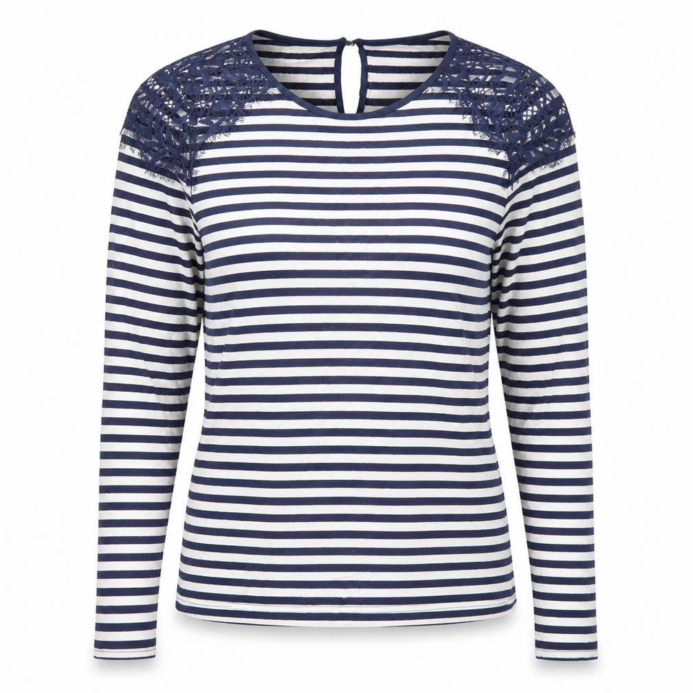 Oasis Womens Blue Striped Polyester Basic T-Shirt Size M Round Neck - Lace Trim