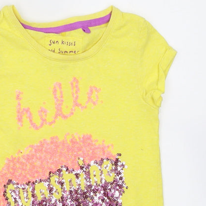 Next Girls Yellow  Polyester Basic T-Shirt Size 7 Years Crew Neck Pullover