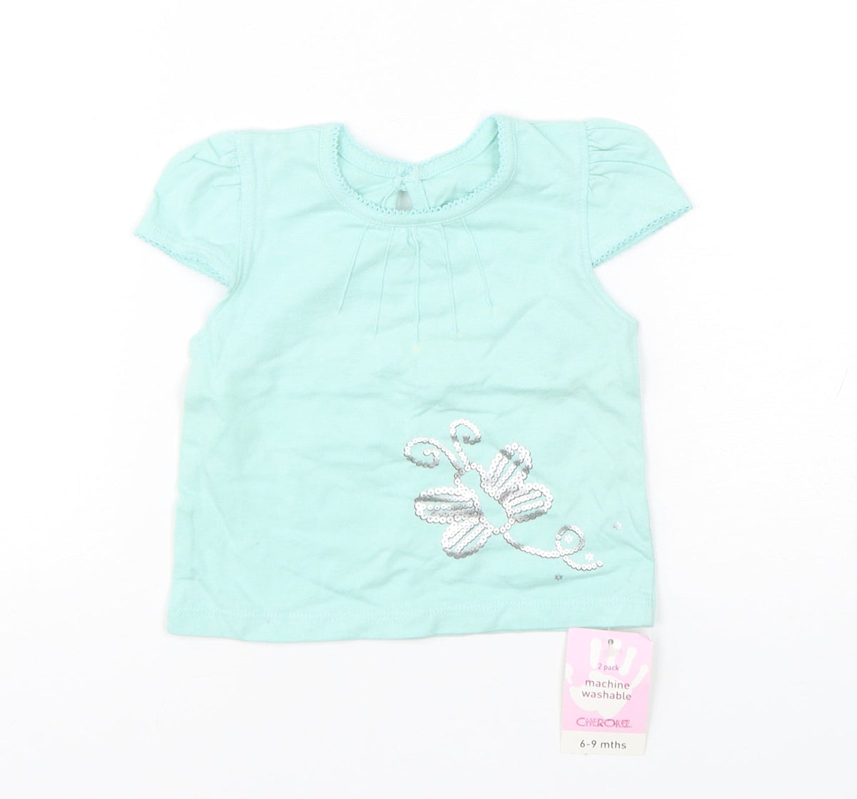 Cherokee Girls Green  Cotton Basic T-Shirt Size 6-9 Months Round Neck Pullover