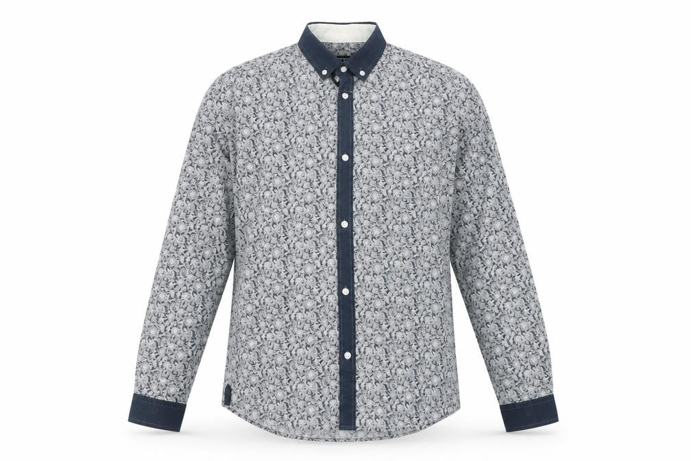 Retro Fire Mens Grey Paisley Polyester  Button-Up Size S Collared Button