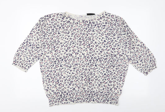 Wallis Womens White Round Neck Animal Print Cotton Pullover Jumper Size L