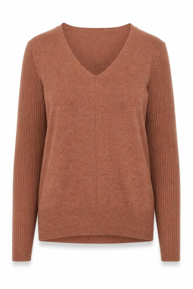 Primark Womens Brown V-Neck  Acrylic Pullover Jumper Size 6   - Ribbed sleeves