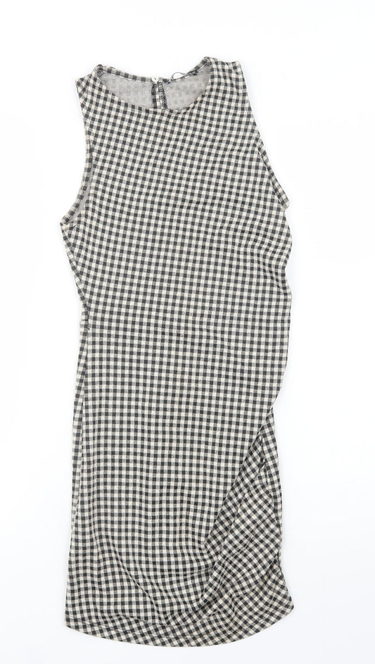 Zara Womens Grey Check Polyester Bodycon  Size S  Crew Neck Button