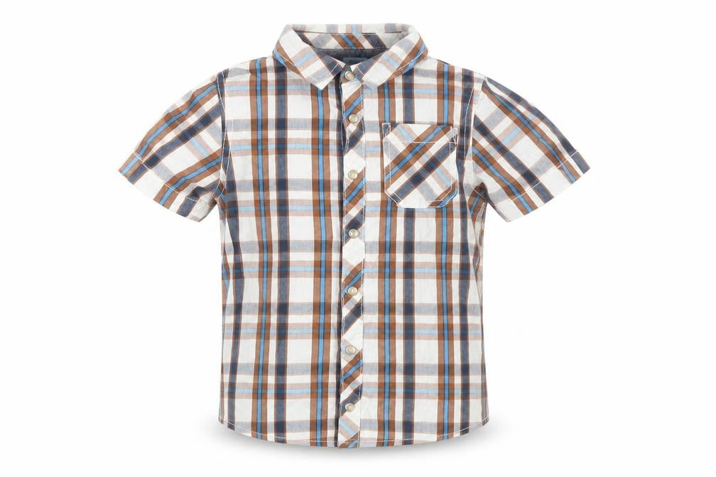 F&F Boys Brown Plaid Cotton Basic Button-Up Size 5-6 Years Collared Snap