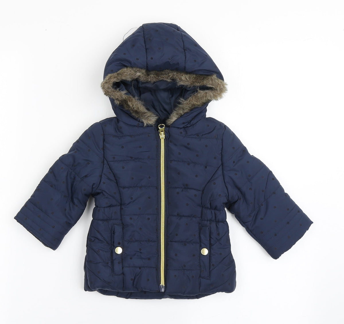 F&F Girls Blue Polka Dot  Parka Coat Size 3-6 Months   Zip