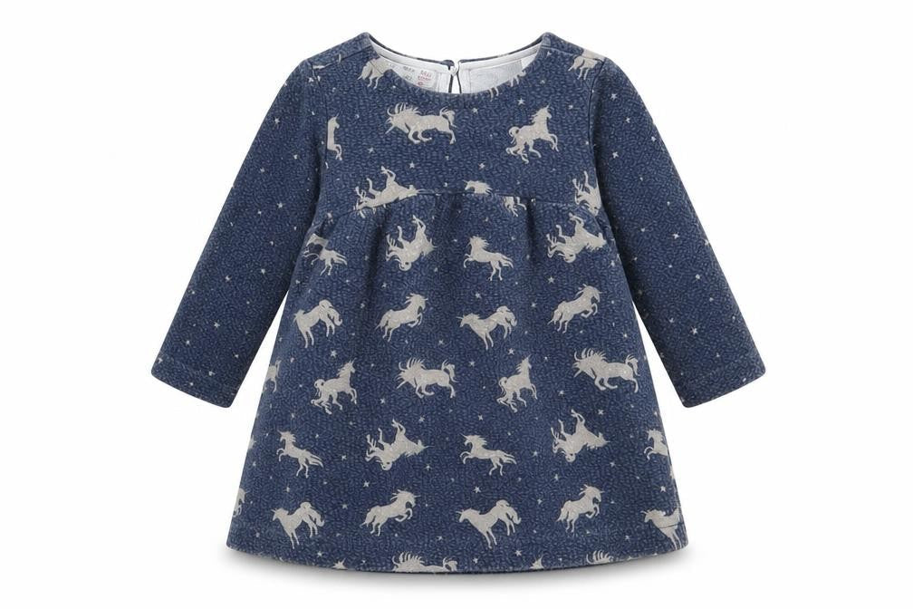 Zara Girls Blue Animal Print Cotton A-Line  Size 9-12 Months  Round Neck Button - Unicorn
