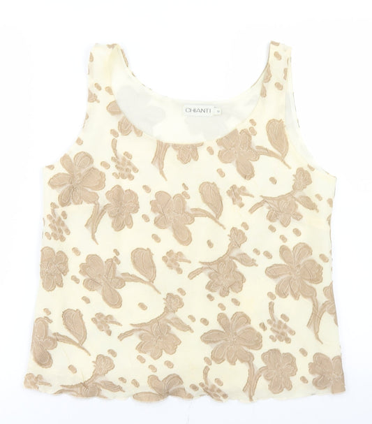 Chianti Womens Beige Floral Polyester Cropped Blouse Size 12 Round Neck - Lettuce Edging