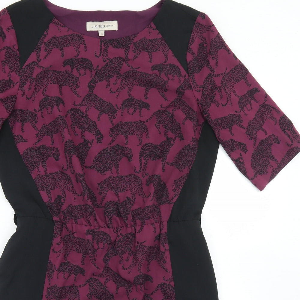 Marks and Spencer Womens Purple Geometric Polyester Sheath  Size 12  Round Neck  - Leopard Print