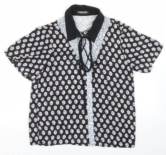 Preloved Fashion Union Womens Black Floral Polyester Basic Blouse Size 8 Collared - Front