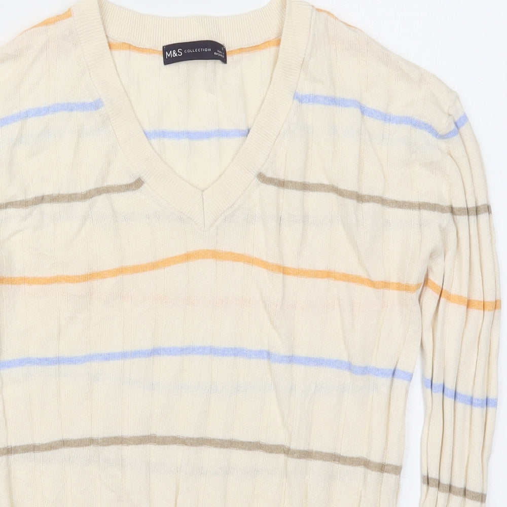 Marks and Spencer Womens Ivory V-Neck Striped Viscose Pullover Jumper Size S
