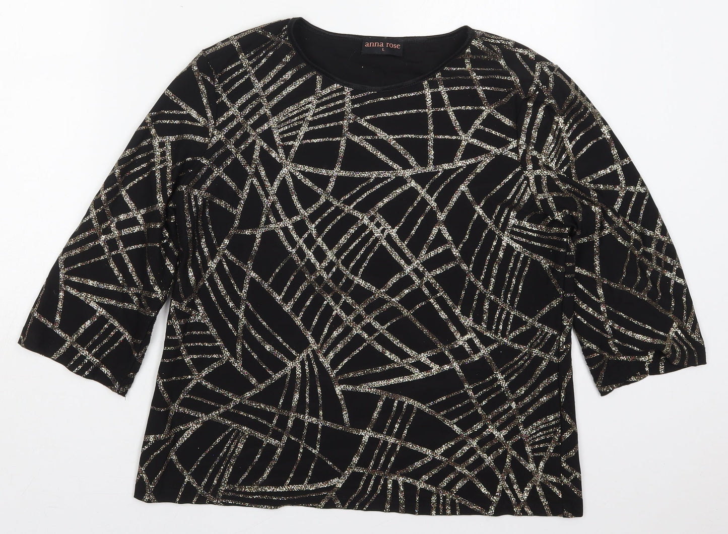 Anna Rose Womens Black Geometric Polyester Basic T-Shirt Size L Round Neck - Abstract