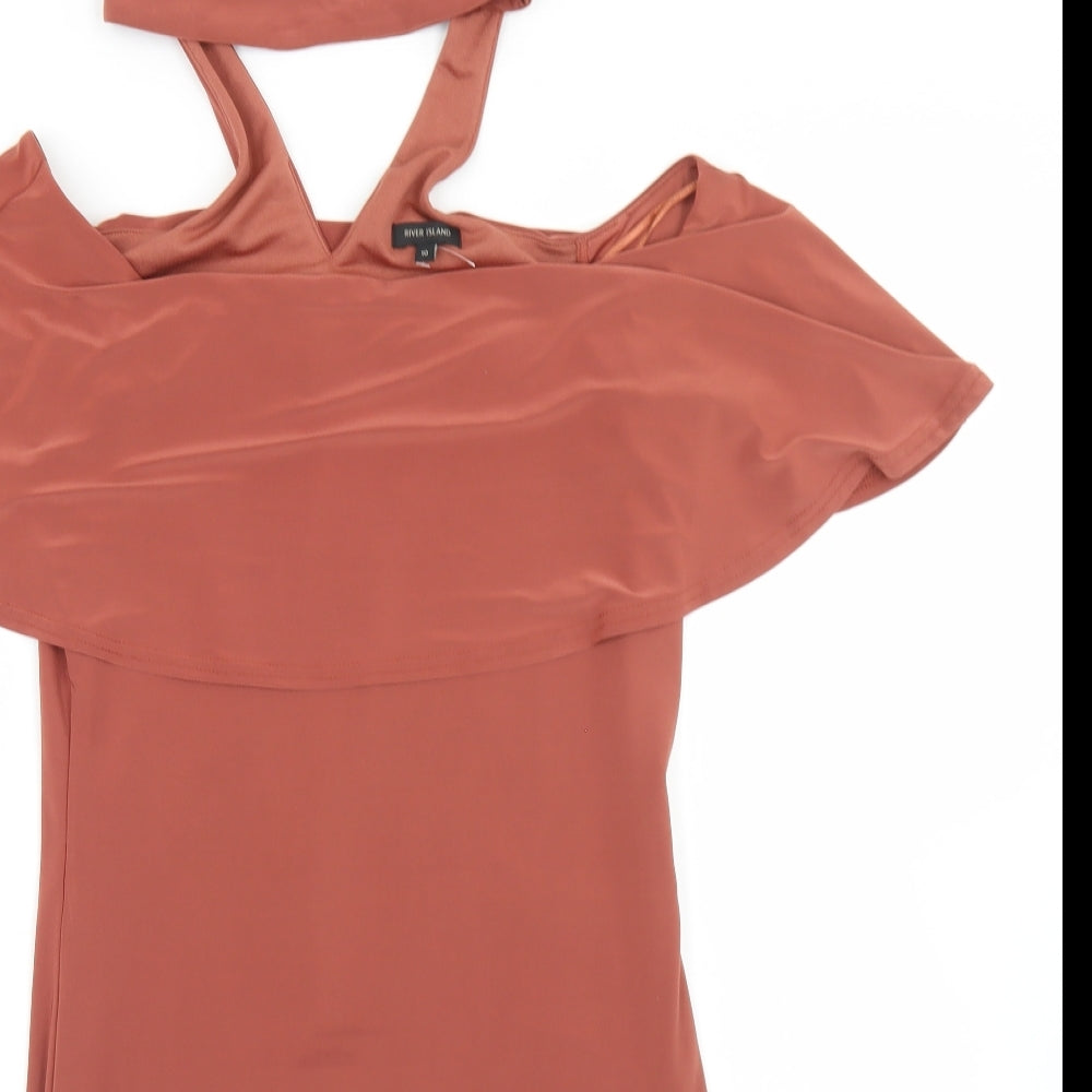 River Island Womens Beige  Polyester Bodycon  Size 10  Round Neck Button