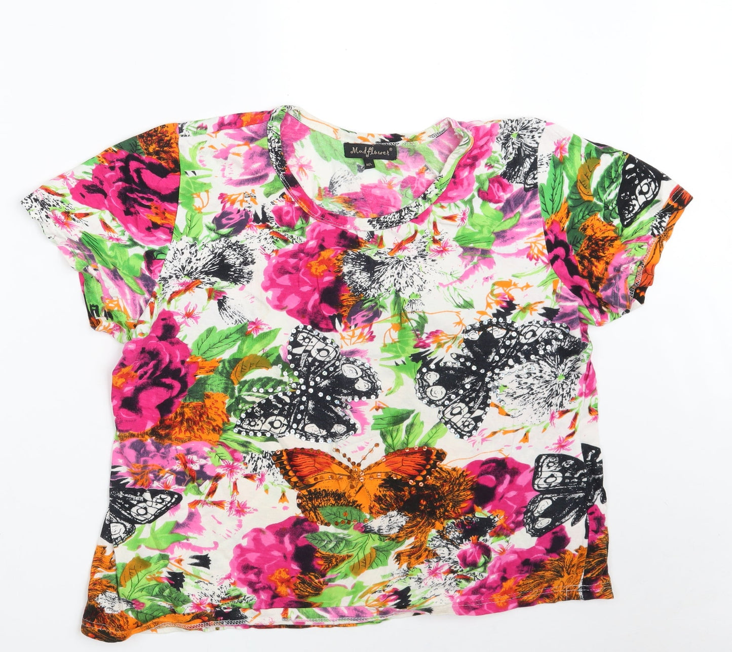 Mudflower Womens Multicoloured Floral 100% Cotton Basic T-Shirt Size M Scoop Neck - Size M-L