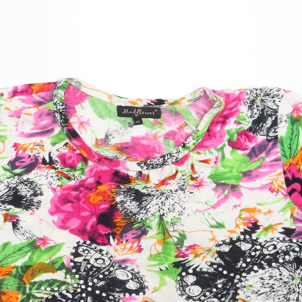 Mudflower Womens Multicoloured Floral 100% Cotton Basic T-Shirt Size M Scoop Neck - Size M-L