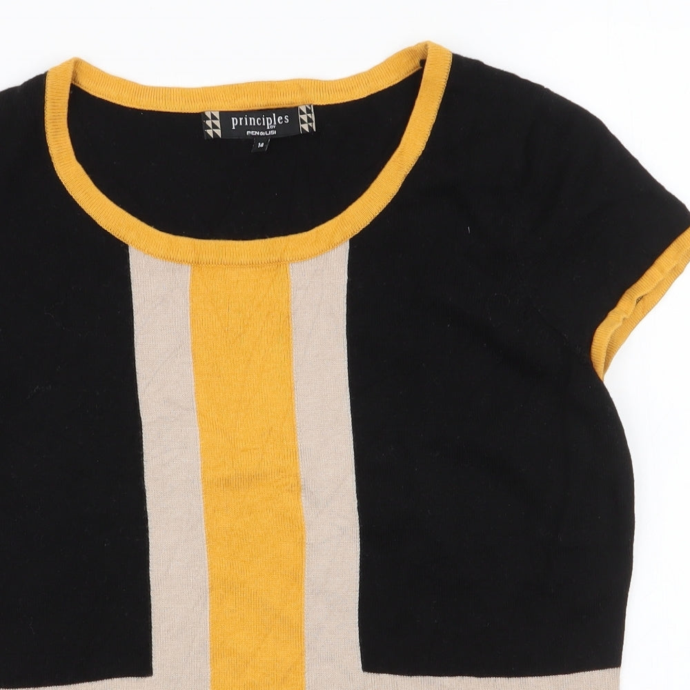 Principles Womens Black Striped Polyester Basic T-Shirt Size 14 Round Neck