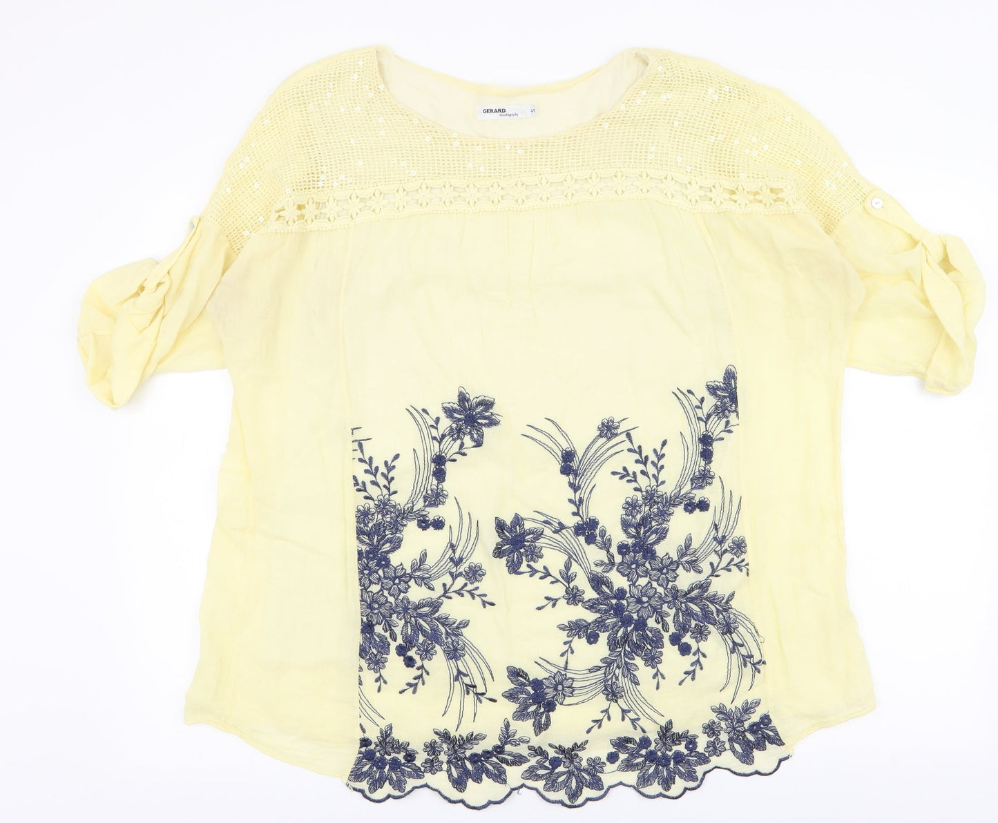 Gerard  Womens Yellow Floral 100% Cotton Jersey Blouse Size S Round Neck