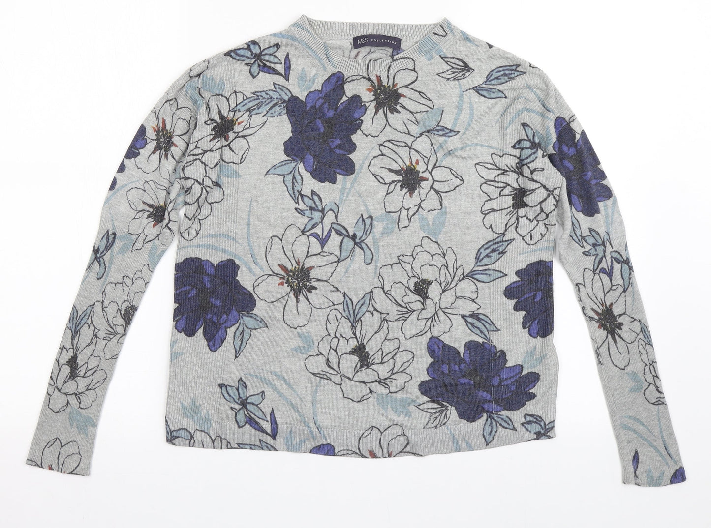 Marks and Spencer Womens Grey Round Neck Floral Acrylic Pullover Jumper Size 8