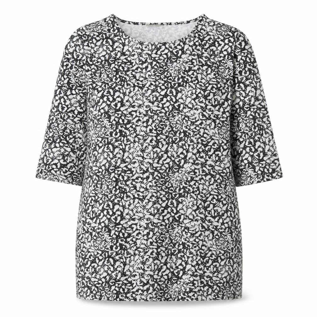 Papaya Womens Black Geometric Cotton Basic Blouse Size 12 Round Neck