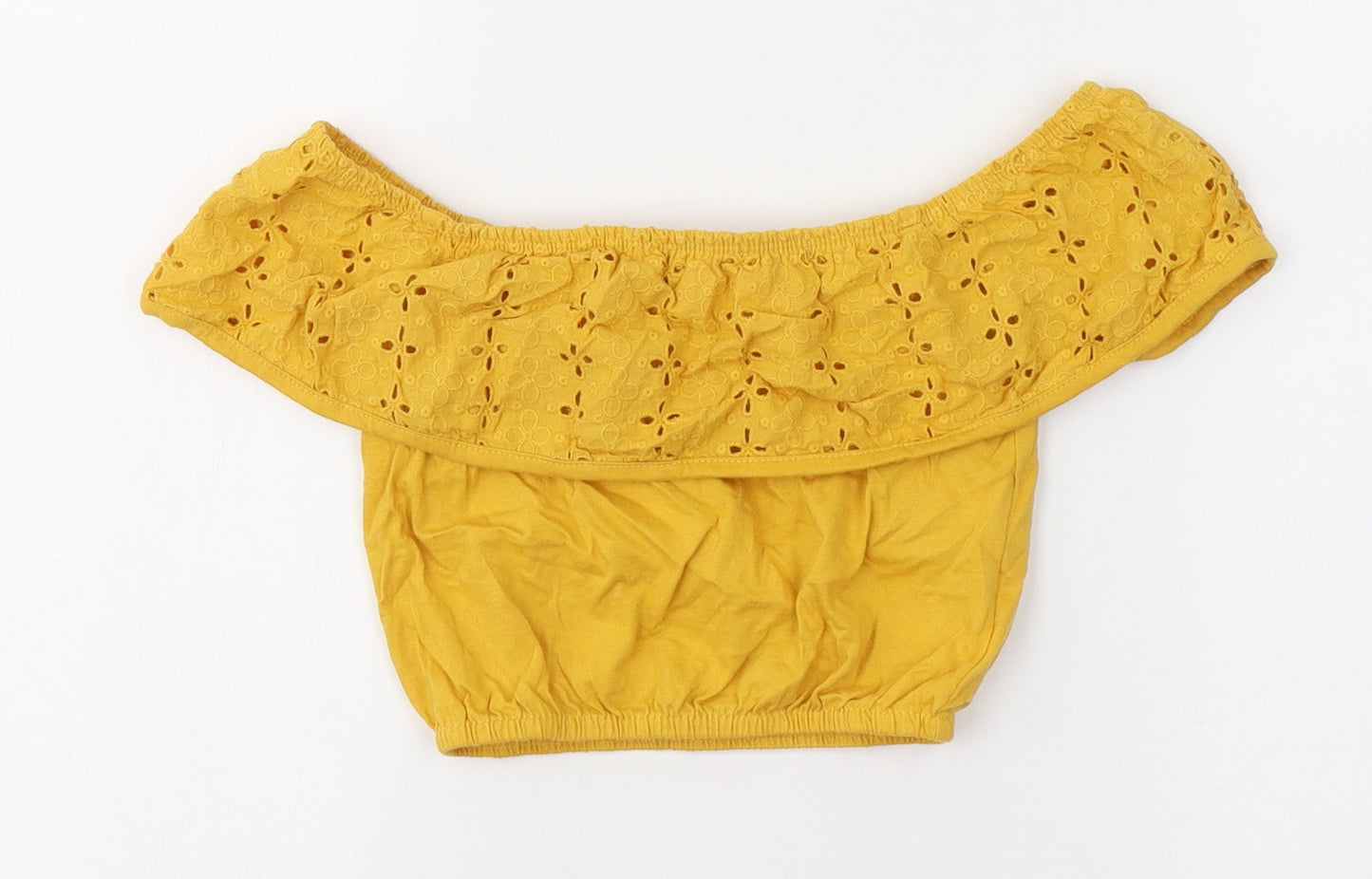Primark Girls Yellow  Cotton Cropped T-Shirt Size 7-8 Years Off the Shoulder Pullover