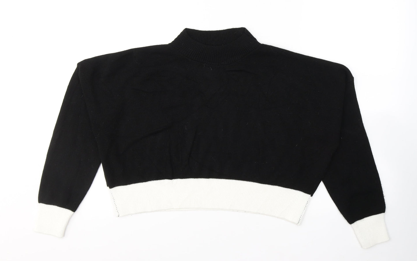 PRETTYLITTLETHING Womens Black Colourblock Acrylic Cropped T-Shirt Size L Round Neck