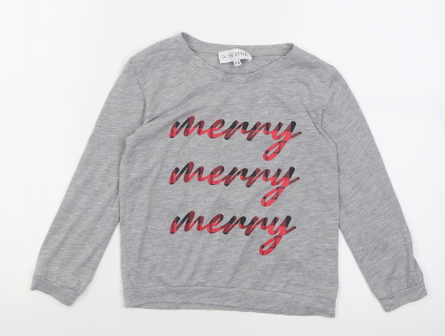 In the Style Girls Grey  Polyester Basic Casual Size 5-6 Years Crew Neck Pullover - Christmas