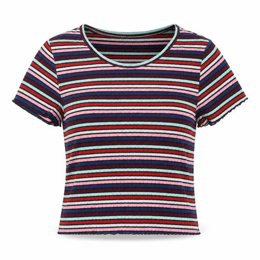 Primark Womens Multicoloured Striped Polyester Cropped T-Shirt Size 6 Crew Neck