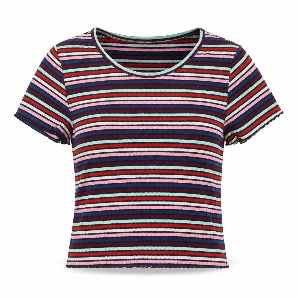 Primark Womens Multicoloured Striped Polyester Cropped T-Shirt Size 6 Crew Neck