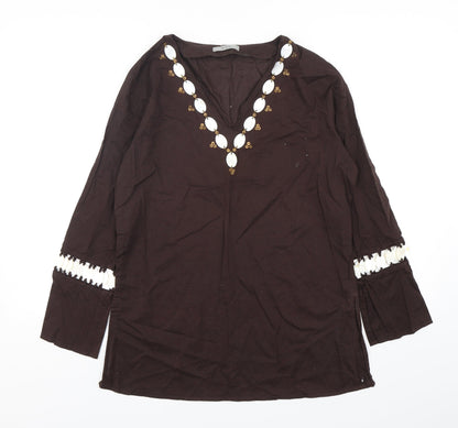 Marks & Spencer Womens Brown  Cotton Basic Blouse Size 12 V-Neck