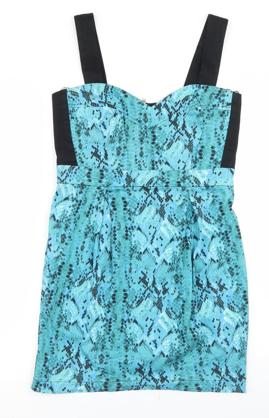 Drama Queen Womens Blue Animal Print Cotton Pencil Dress  Size 12  Sweetheart Zip