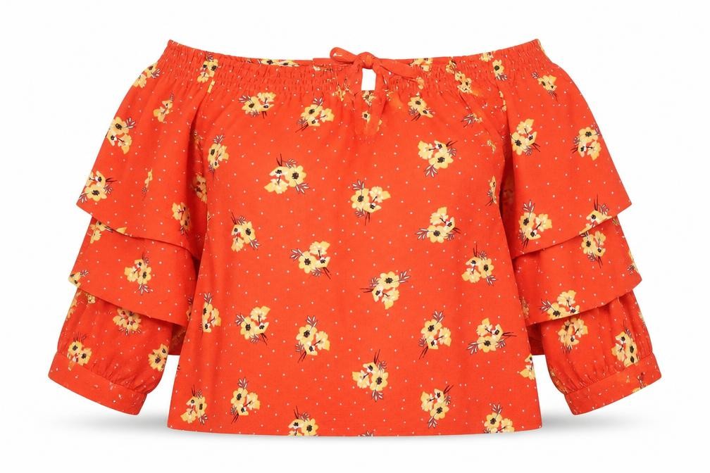 Primark Womens Red Geometric Polyester Basic Blouse Size 6 Off the Shoulder