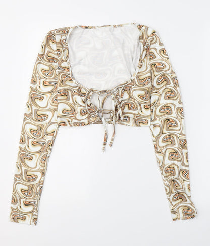 SHEIN Womens Beige Paisley Polyester Cropped Blouse Size S V-Neck