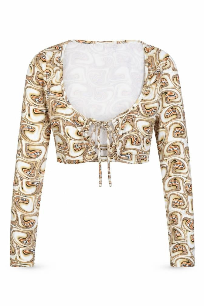 SheIn Womens Beige Paisley Polyester Cropped Blouse Size S V-Neck