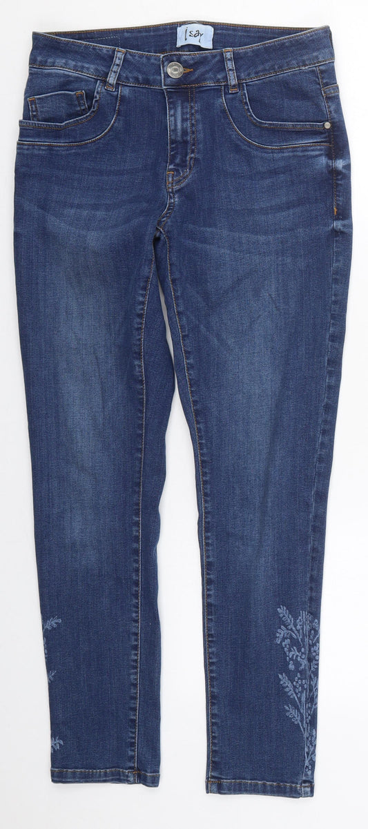 I Say Womens Blue Floral Cotton Skinny Jeans Size 8 L27 in Regular Button