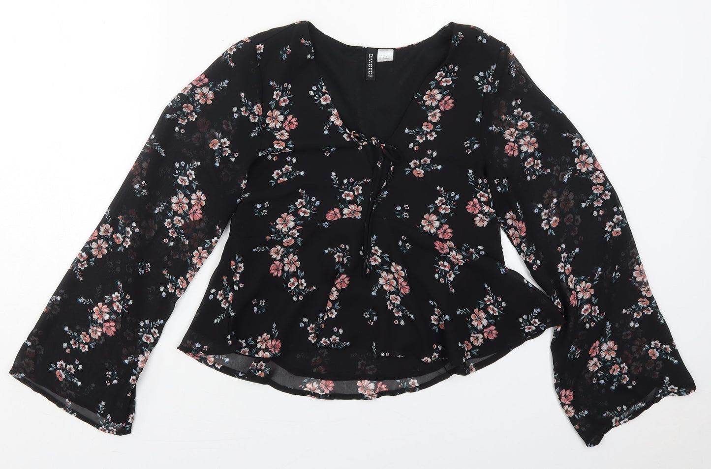 H&M Womens Black Floral Polyester Basic Blouse Size 6 V-Neck